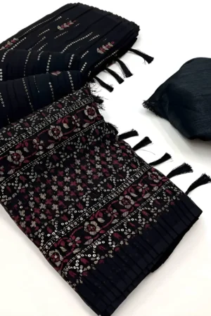 Faux Georgette Foil Print Saree - Black