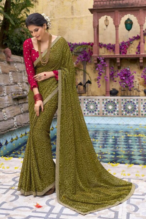 Regal Bandhani Georgette Saree - Olive Green