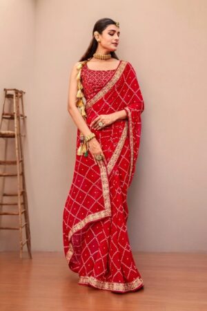 Bandhani Print Georgette Saree - Dark Red